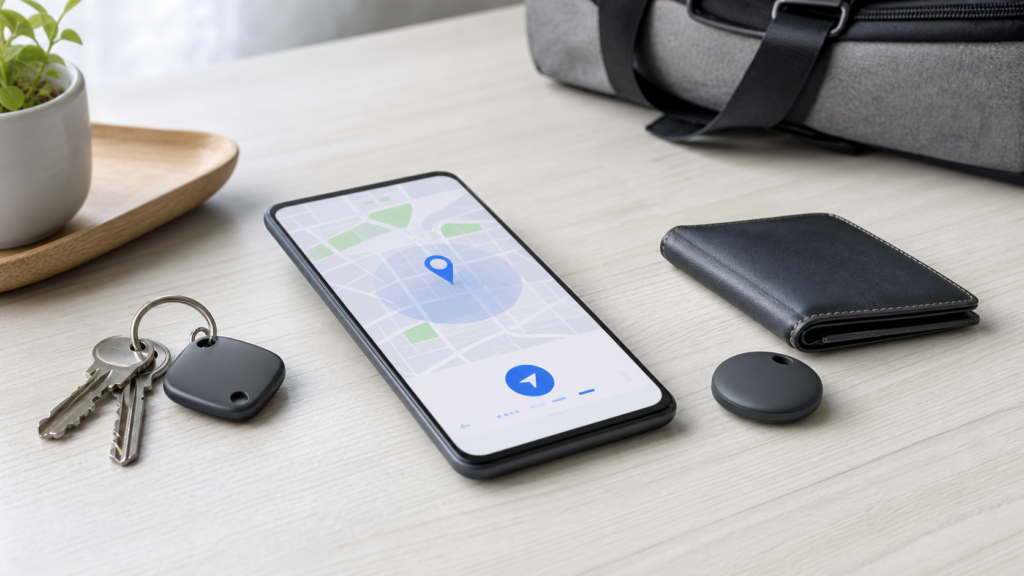 スマートフォンと紛失防止タグ、鍵、財布を組み合わせたイメージ