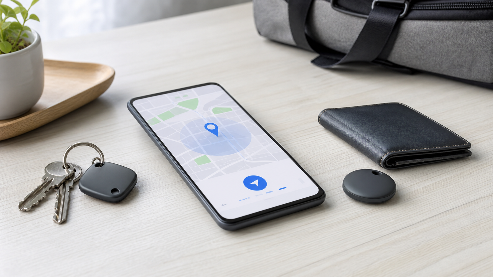 スマートフォンと紛失防止タグ、鍵、財布を組み合わせたイメージ