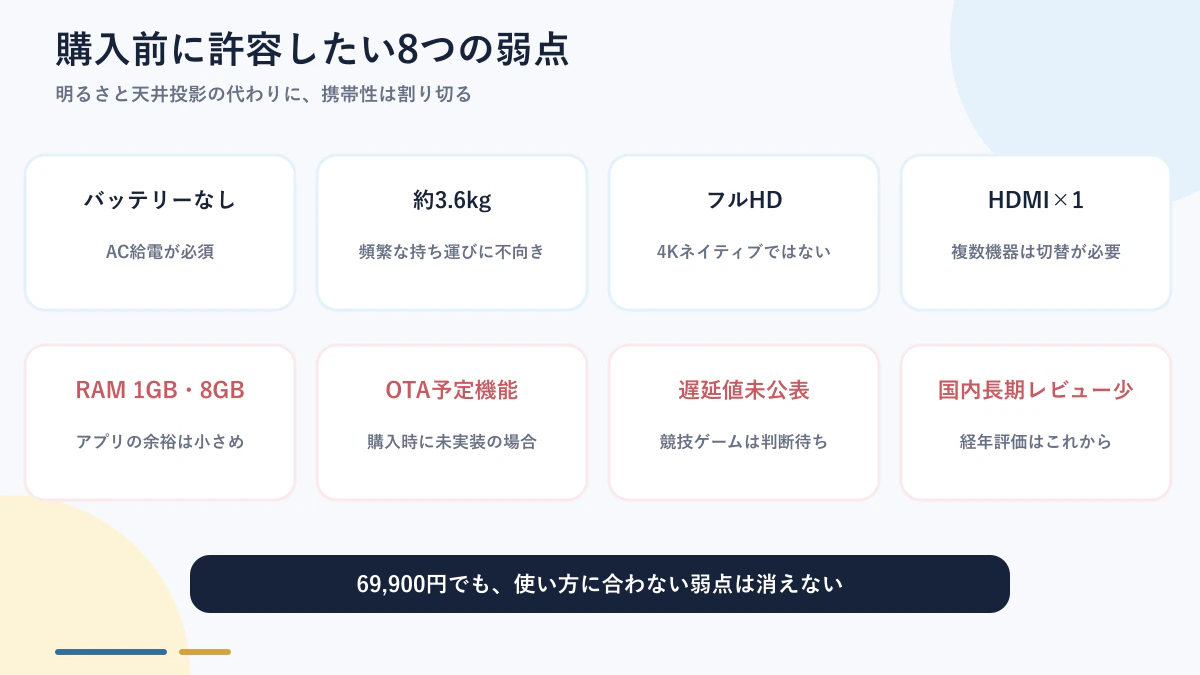 Dangbei N3 Maxのバッテリー非搭載や重量、端子などの弱点