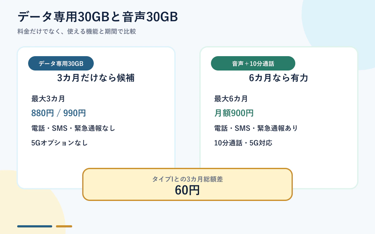IIJmioのデータ専用30GBと音声30GBの比較