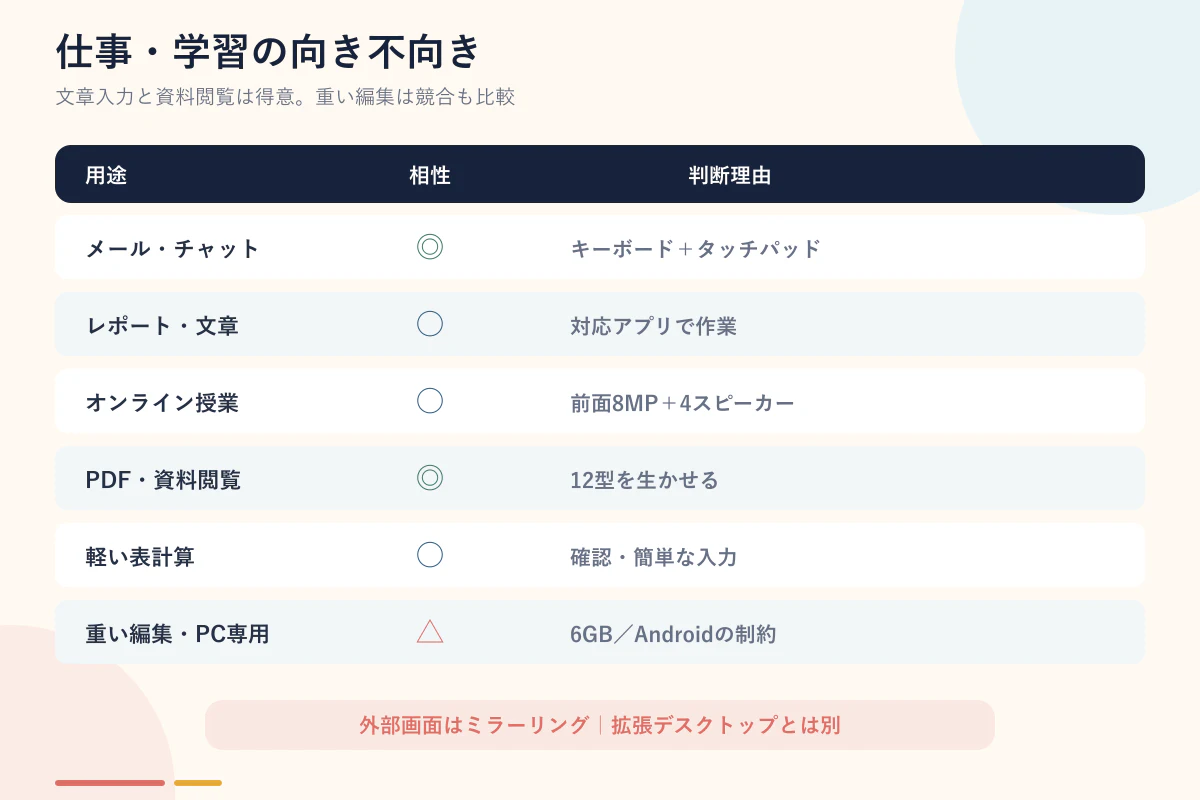 nubia Pad Plusの仕事・学習用途マトリクス