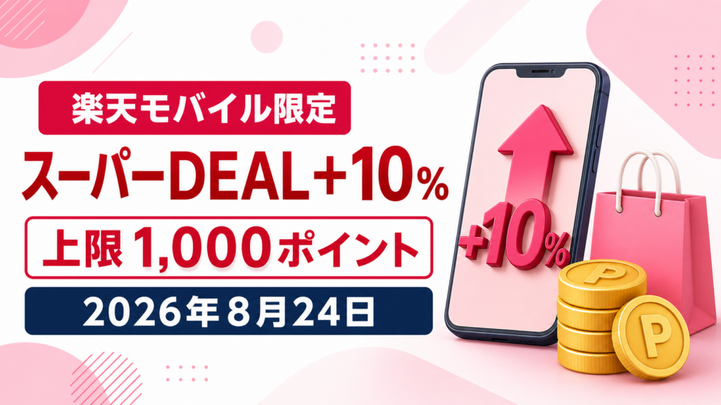 楽天モバイル限定スーパーDEAL＋10％の上限と開催日を伝えるアイキャッチ