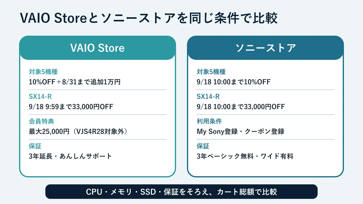VAIO Storeとソニーストアの価格・保証・クーポン比較