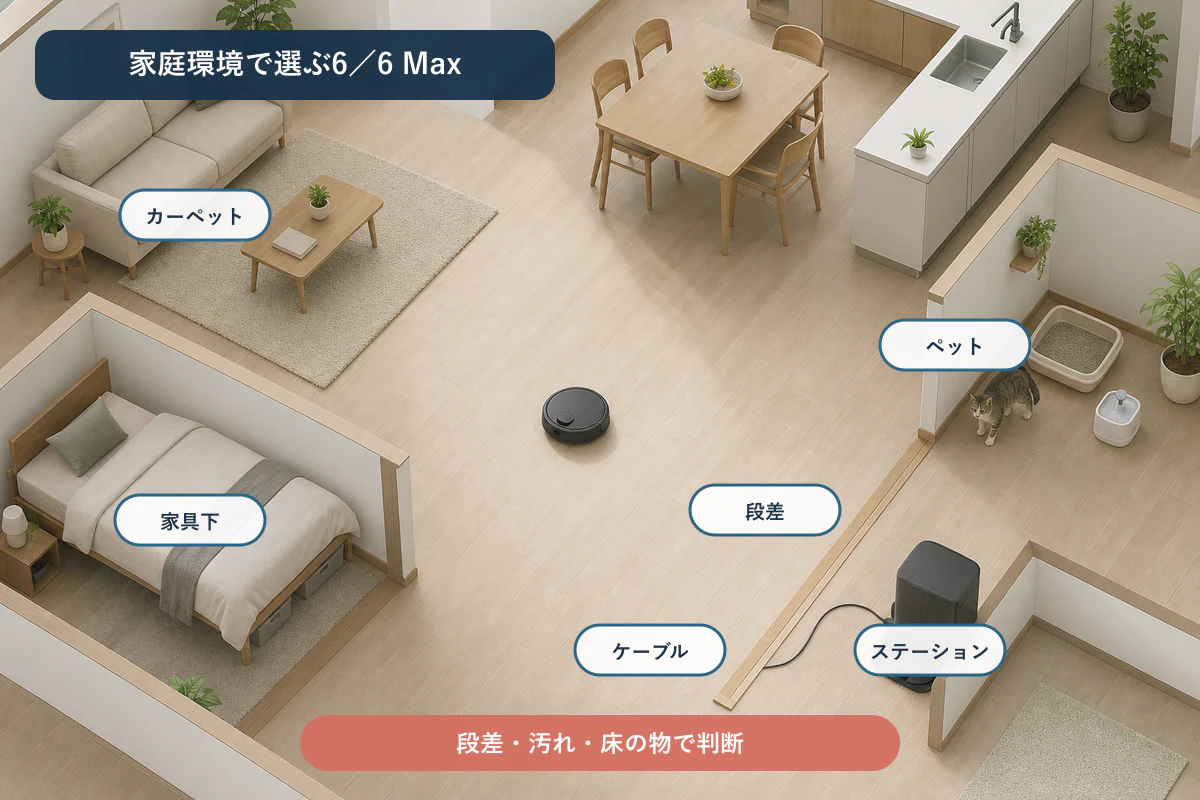 ペット・家具・段差別に6 Maxと6を選ぶ住宅イメージ