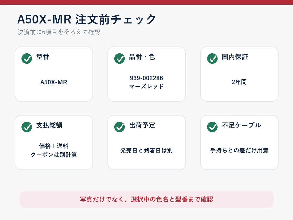 A50X-MRの注文前に型番・色・保証・総額・出荷予定・ケーブルを確認