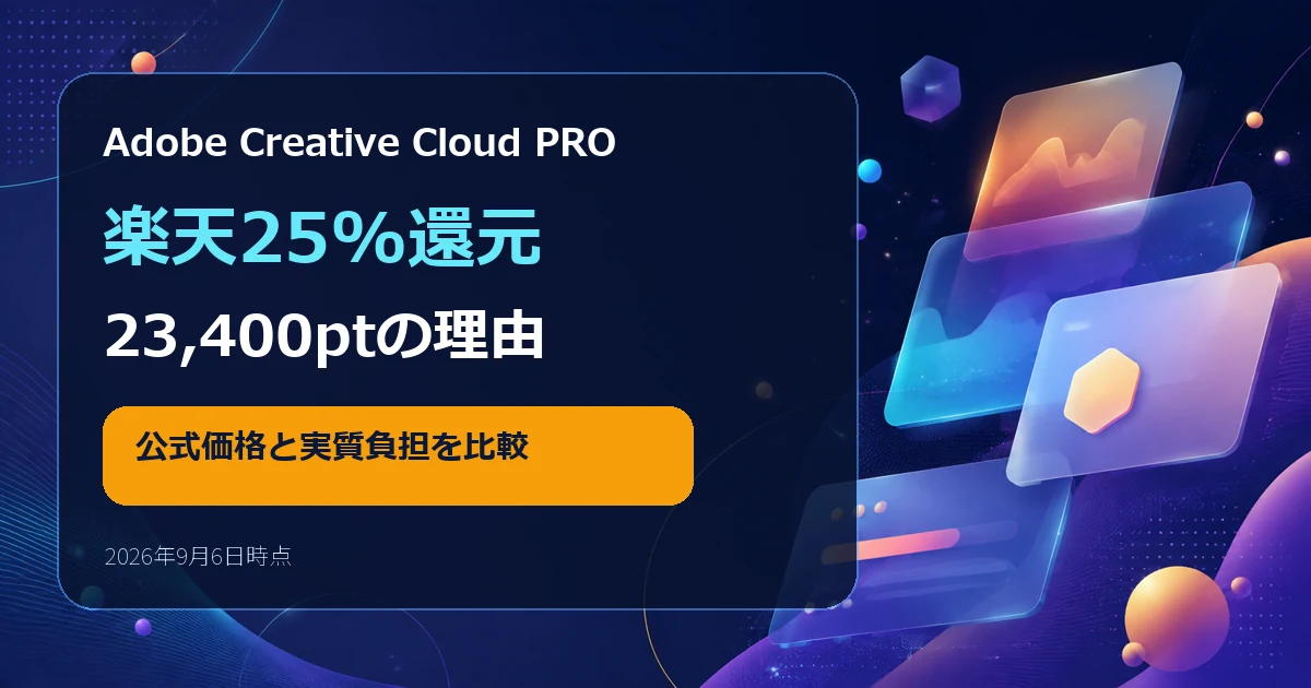 Adobe Creative Cloud PRO楽天25%ポイント還元と23,400ポイントの計算を解説する記事のアイキャッチ