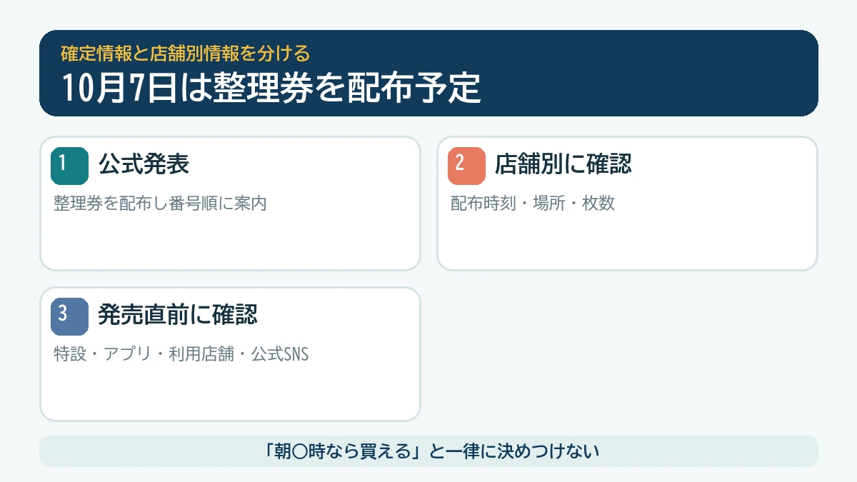 10月7日の整理券について確定情報と店舗別確認事項を整理した図