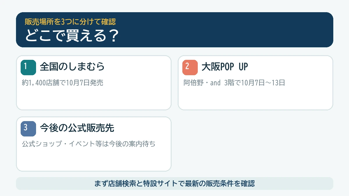 ドラクエとしまむらの販売場所を全国店舗、大阪POP UP、今後の公式販売先に分けた図