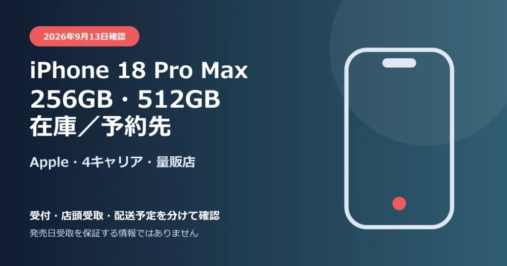 iPhone 18 Pro Maxの256GB・512GB在庫と予約先を確認する記事のアイキャッチ