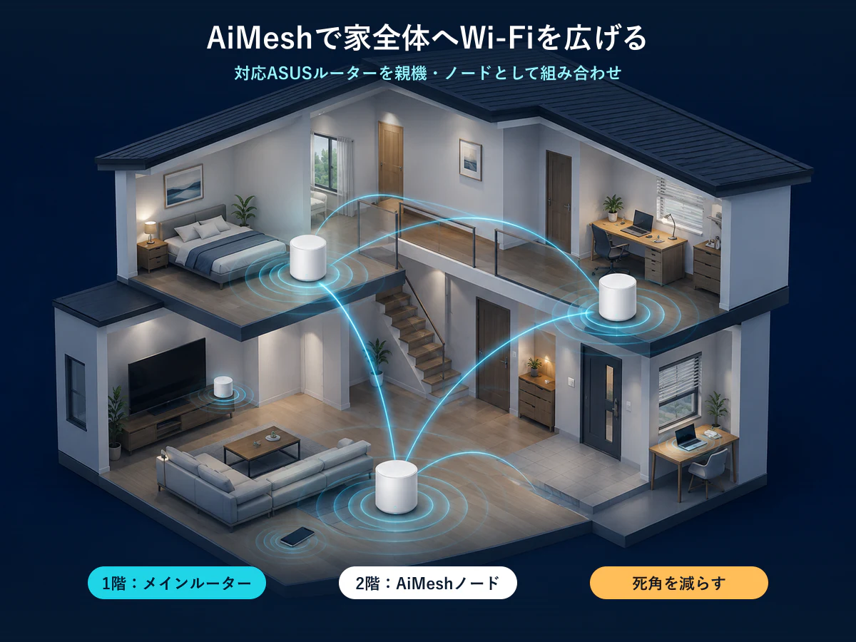 AiMeshで2階建て住宅へWi-Fiを広げるイメージ